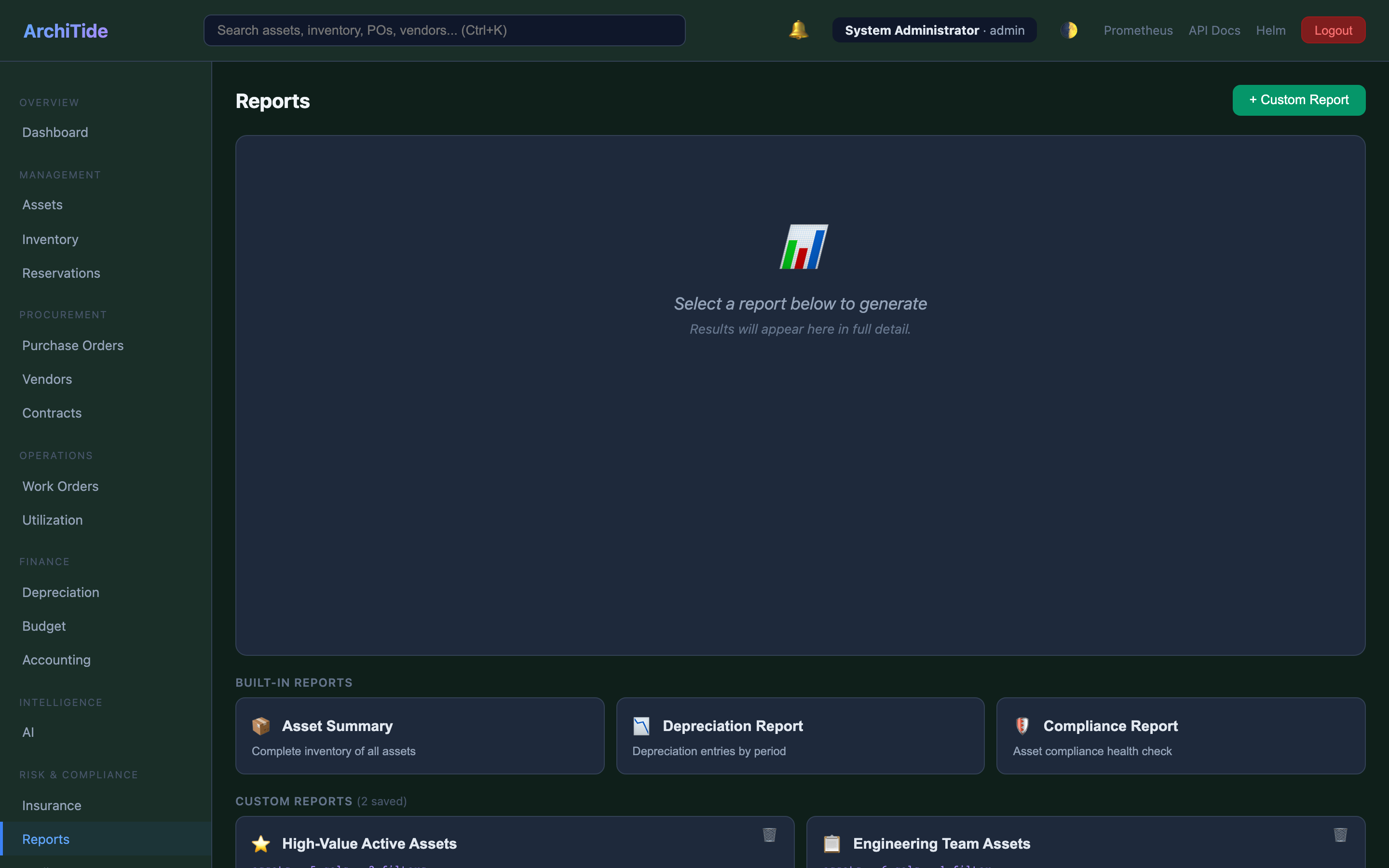 Reports — Asset, depreciation, compliance — JSON / CSV