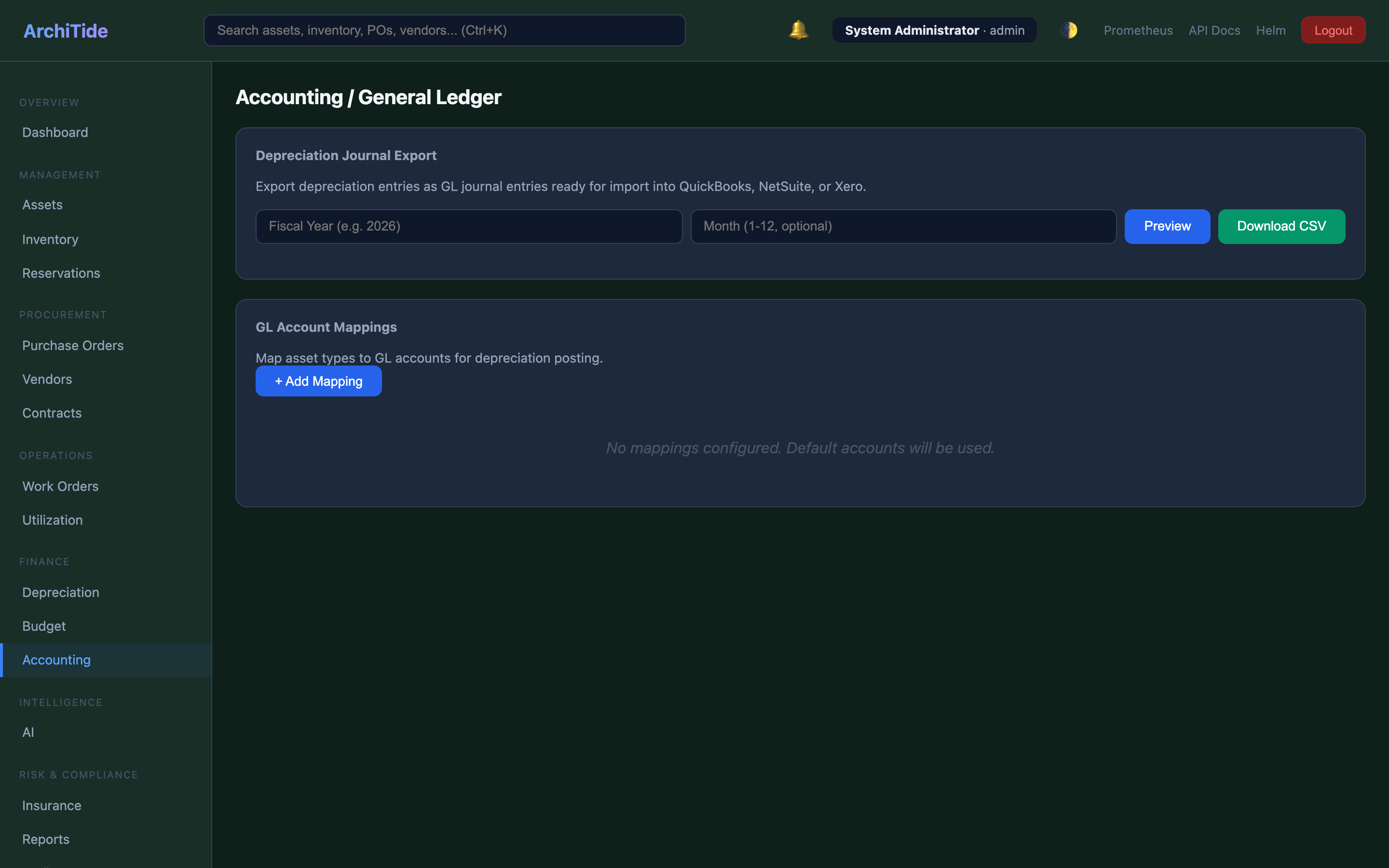 Accounting — GL mapping, journal entries, CSV exports